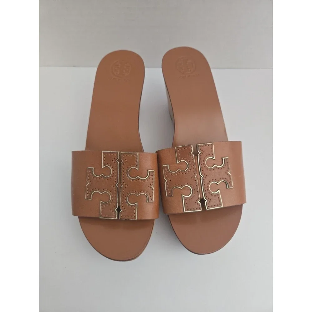 Tory Burch ines brown leather Wedge platform Slide Sandals Women’s Size 6-1/2M